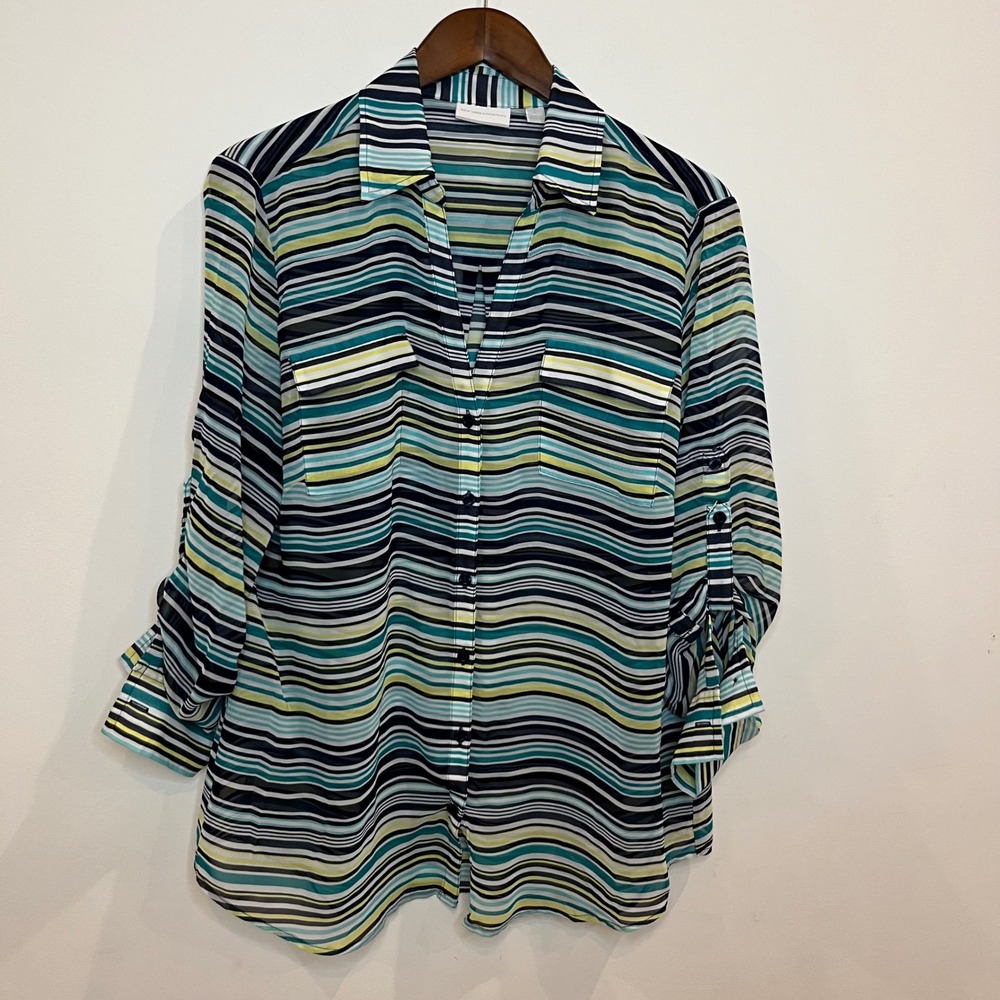 New York & Company Striped Chiffon Button Up Blouse Teal Lime XL